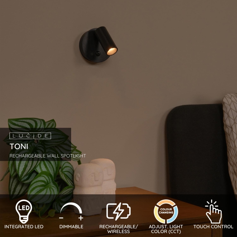 Lucide TONI - Rechargeable Wall spotlight / Wall light - Battery pack - Ø 8,1 cm - LED Dim. - CCT - 1x2W 2700K/4000K - Motion Sensor (deactivatable) - Magnetic - Black